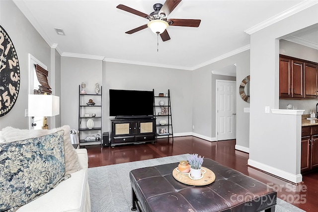 10378 Alexander Martin Ave, Charlotte, NC 28277 - living room featuring dark wood finished floors, a ceiling fan, ornamental molding, and baseboards
