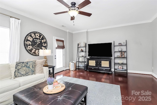 10378 Alexander Martin Ave, Charlotte, NC 28277 - living room featuring wood finished floors, a ceiling fan, crown molding, and baseboards