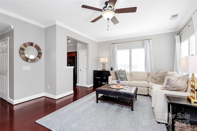 10378 Alexander Martin Ave, Charlotte, NC 28277 - living room featuring wood finished floors, a ceiling fan, baseboards, and crown molding