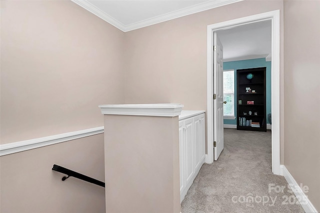 10378 Alexander Martin Ave, Charlotte, NC 28277 - hall with an upstairs landing, light carpet, ornamental molding, and baseboards