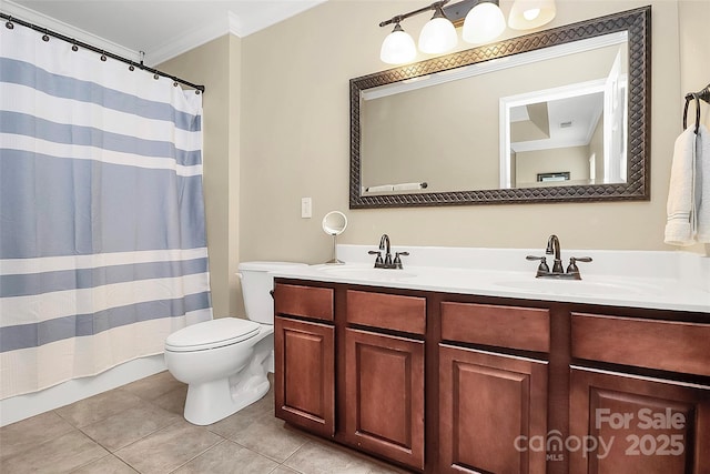 10378 Alexander Martin Ave, Charlotte, NC 28277 - full bath with crown molding, tile patterned flooring, toilet, double vanity, and curtained shower