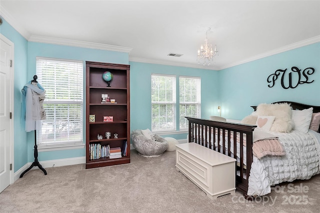 10378 Alexander Martin Ave, Charlotte, NC 28277 - bedroom with crown molding, a chandelier, baseboards, and carpet floors
