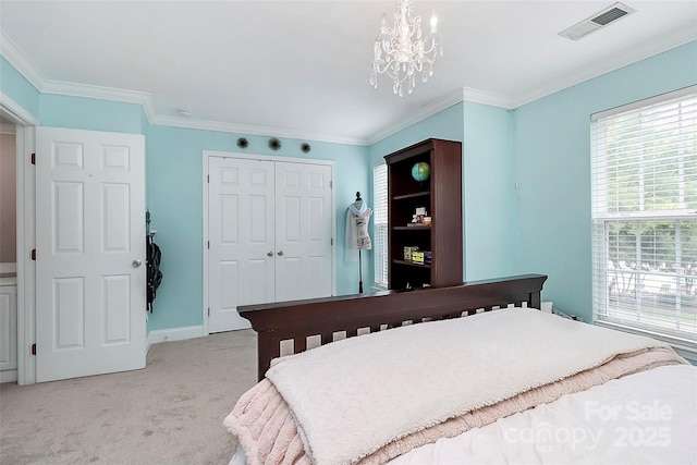 10378 Alexander Martin Ave, Charlotte, NC 28277 - bedroom with light colored carpet, multiple windows, crown molding, a chandelier, and a closet