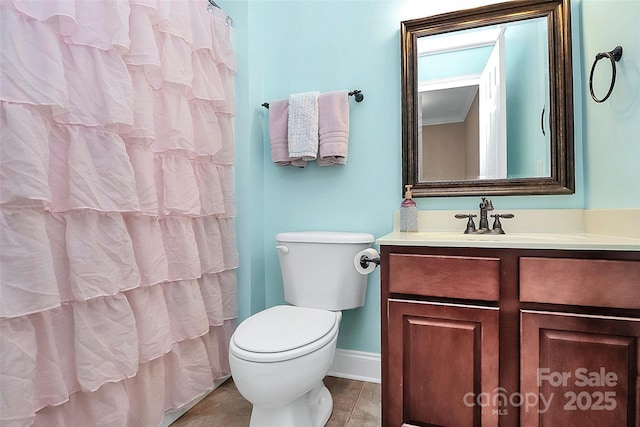10378 Alexander Martin Ave, Charlotte, NC 28277 - full bathroom featuring vanity, toilet, baseboards, a shower with shower curtain, and tile patterned flooring