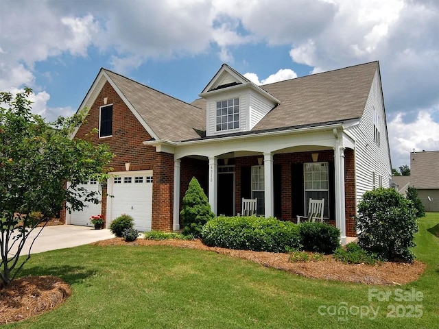 6310 Highland Commons Rd, Charlotte, NC 28269 - view of front of property featuring brick siding, driveway, covered porch, a front lawn, and an attached garage