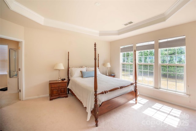 6310 Highland Commons Rd, Charlotte, NC 28269 - bedroom with a raised ceiling, crown molding, light colored carpet, and baseboards