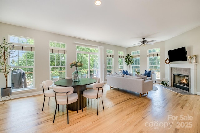 2845 Lakefront Dr, Belmont, NC 28012 - dining space featuring plenty of natural light, a fireplace with flush hearth, light wood-style flooring, and ceiling fan