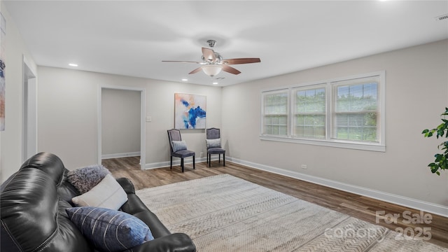 7860 Henry Harris Rd, Fort Mill, SC 29707 - living area with wood finished floors, ceiling fan, baseboards, and recessed lighting