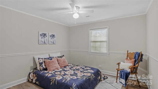 7860 Henry Harris Rd, Fort Mill, SC 29707 - bedroom featuring wood finished floors, ornamental molding, ceiling fan, and baseboards