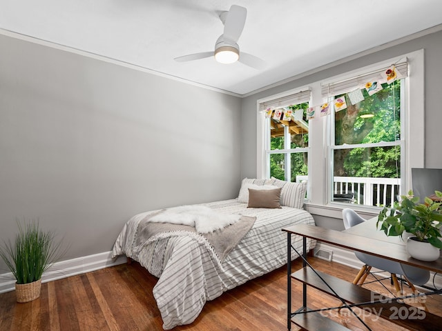 5 Enka Oak St, Candler, NC 28715 - bedroom with wood finished floors, ornamental molding, baseboards, and a ceiling fan