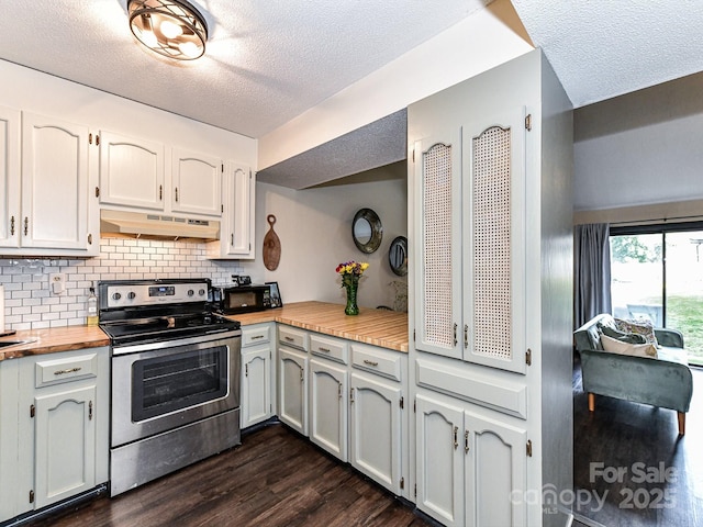 100 Willow Run Dr Unit 26, Gastonia, NC 28056 - kitchen featuring electric stove, under cabinet range hood, a textured ceiling, dark wood finished floors, and butcher block counters