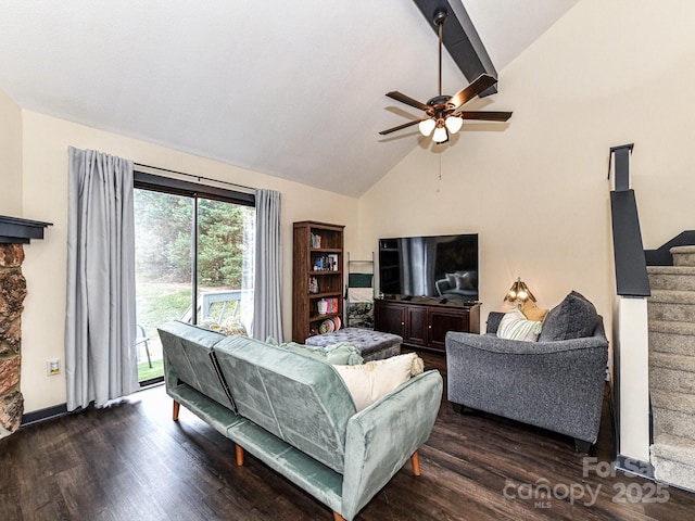 100 Willow Run Dr Unit 26, Gastonia, NC 28056 - living room featuring wood finished floors, high vaulted ceiling, a ceiling fan, stairs, and baseboards