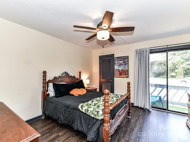 100 Willow Run Dr Unit 26, Gastonia, NC 28056 - bedroom featuring access to exterior, dark wood-style floors, ceiling fan, a textured ceiling, and baseboards