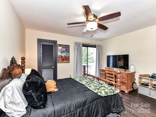 100 Willow Run Dr Unit 26, Gastonia, NC 28056 - bedroom with access to exterior, wood finished floors, a ceiling fan, and a textured ceiling