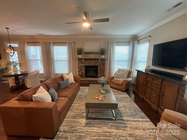 living area featuring ceiling fan, plenty of natural light, crown molding, a fireplace, and dark wood-type flooring
