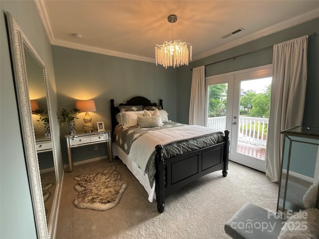 carpeted bedroom featuring access to outside, ornamental molding, a chandelier, french doors, and baseboards