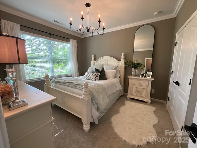 bedroom featuring a chandelier, light colored carpet, ornamental molding, and baseboards