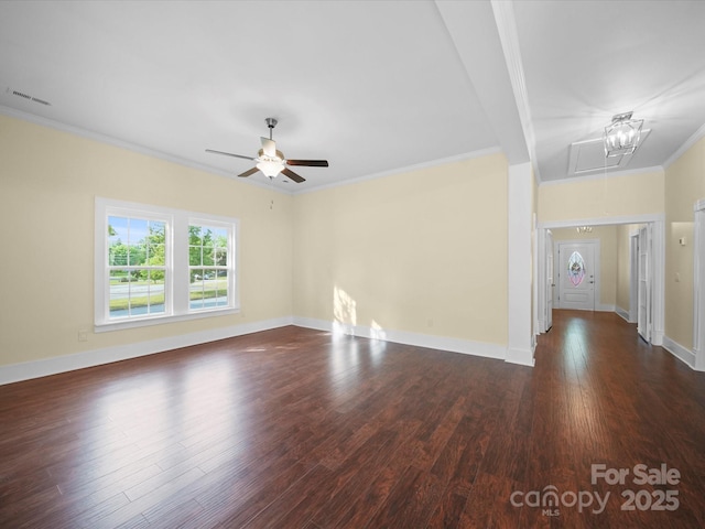 300 W 12th St, Salisbury, NC 28144 - unfurnished living room featuring a ceiling fan, wood finished floors, ornamental molding, and baseboards