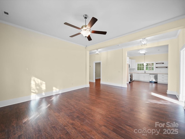 300 W 12th St, Salisbury, NC 28144 - unfurnished living room featuring a ceiling fan, ornamental molding, dark wood finished floors, and baseboards