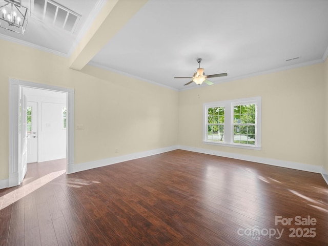 300 W 12th St, Salisbury, NC 28144 - empty room featuring hardwood / wood-style floors, crown molding, baseboards, ceiling fan, and a chandelier