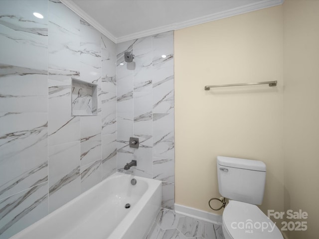 300 W 12th St, Salisbury, NC 28144 - bathroom with crown molding, toilet, marble look tiles, washtub / shower combination, and baseboards
