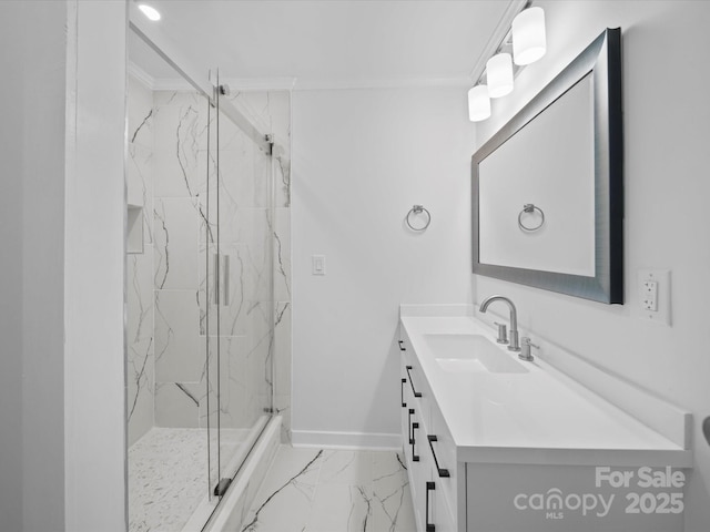 300 W 12th St, Salisbury, NC 28144 - bathroom featuring marble finish floors, a marble finish shower, baseboards, vanity, and crown molding
