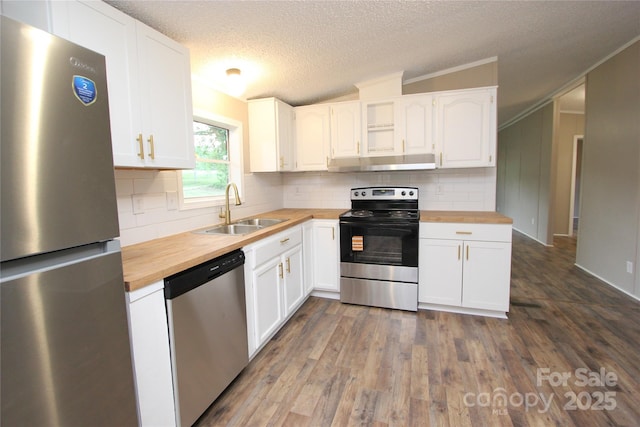 kitchen featuring butcher block countertops, stainless steel appliances, under cabinet range hood, a sink, and white cabinetry