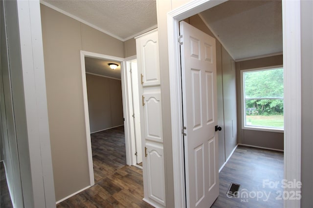 hall featuring crown molding, dark wood-style floors, vaulted ceiling, and a textured ceiling