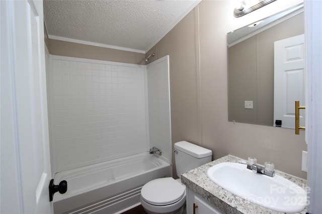 bathroom with a textured ceiling, toilet, vanity, and tub / shower combination
