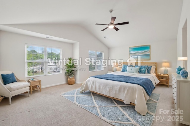 1835 Allegheny Dr, Gastonia, NC 28054 - bedroom featuring multiple windows, vaulted ceiling, light colored carpet, ceiling fan, and baseboards