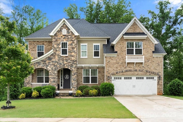 862 Kathy Dianne Dr, Fort Mill, SC 29707 - craftsman-style house featuring concrete driveway, a front lawn, an attached garage, stone siding, and roof with shingles