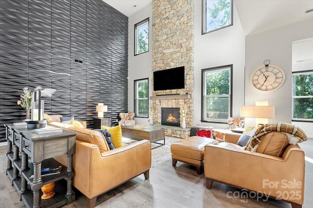 862 Kathy Dianne Dr, Fort Mill, SC 29707 - living room featuring a towering ceiling, wood finished floors, and a stone fireplace