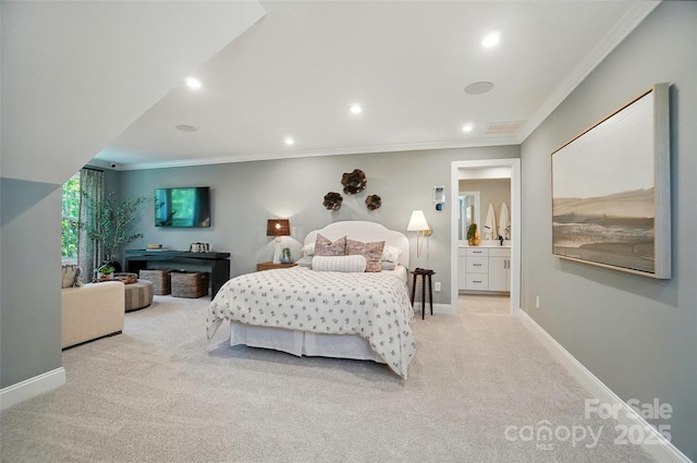 12047 Lavinia Ln, Charlotte, NC 28277 - bedroom featuring ornamental molding, light carpet, recessed lighting, baseboards, and ensuite bathroom