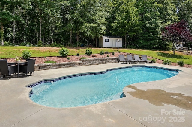2763 Rivendale Ct, Indian Land, SC 29707 - swimming pool featuring a patio area, an outbuilding, a yard, outdoor dining area, and a storage unit
