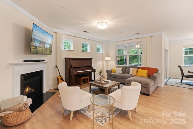 1104 Snowbird Ln, Waxhaw, NC 28173 - living room with a warm lit fireplace, crown molding, wood finished floors, and baseboards