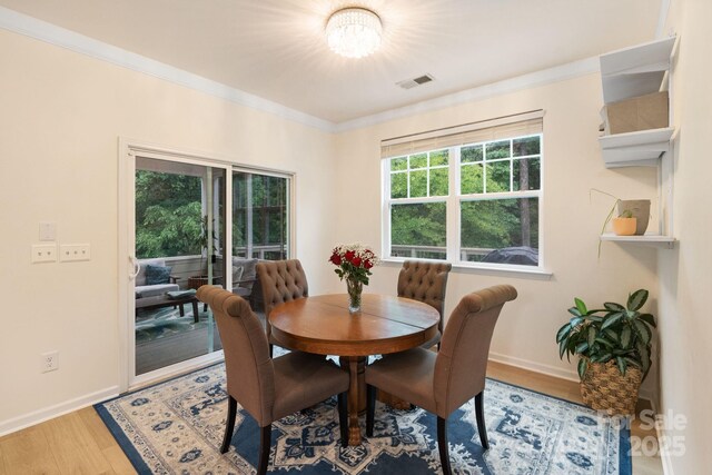 1104 Snowbird Ln, Waxhaw, NC 28173 - dining room featuring a chandelier, wood finished floors, baseboards, and ornamental molding