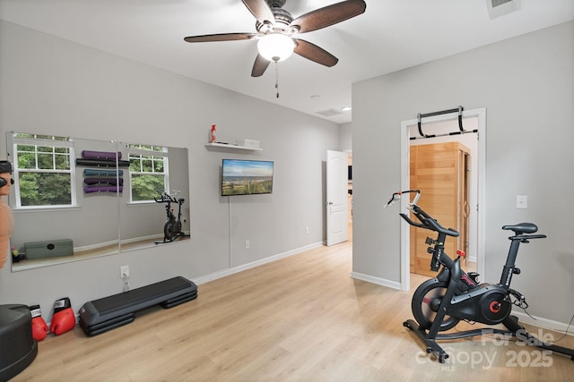 1104 Snowbird Ln, Waxhaw, NC 28173 - workout area featuring wood finished floors, ceiling fan, and baseboards