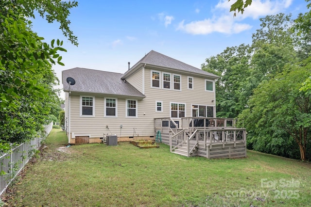 1104 Snowbird Ln, Waxhaw, NC 28173 - back of house featuring crawl space, a deck, a shingled roof, stairs, and central air condition unit