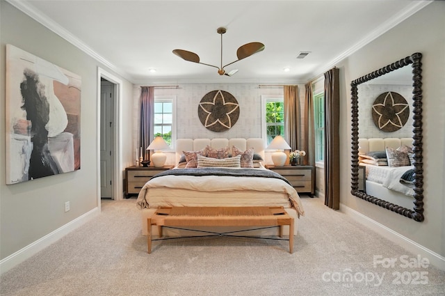 12055 Lavinia Ln, Charlotte, NC 28277 - bedroom with ornamental molding, carpet floors, multiple windows, baseboards, and recessed lighting