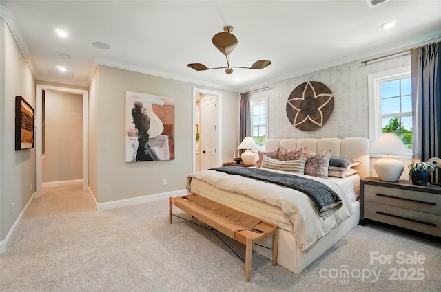 12055 Lavinia Ln, Charlotte, NC 28277 - bedroom featuring baseboards, crown molding, multiple windows, light carpet, and ceiling fan