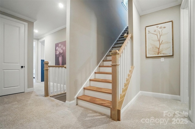 12055 Lavinia Ln, Charlotte, NC 28277 - staircase featuring carpet flooring, crown molding, baseboards, and recessed lighting