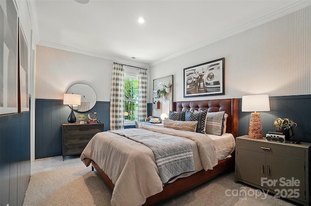 12055 Lavinia Ln, Charlotte, NC 28277 - bedroom with crown molding, a wainscoted wall, and light carpet