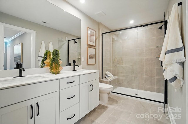 12055 Lavinia Ln, Charlotte, NC 28277 - bathroom with tile patterned floors, double vanity, a stall shower, toilet, and recessed lighting