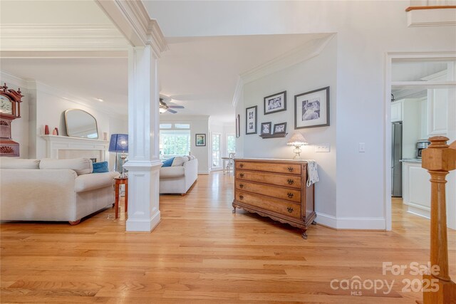 6024 Highview Rd, Weddington, NC 28104 - hall with ornamental molding, light wood-style flooring, ornate columns, and baseboards