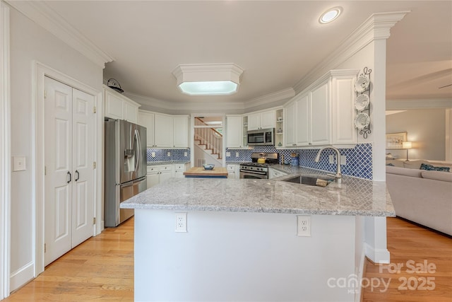 6024 Highview Rd, Weddington, NC 28104 - kitchen featuring stainless steel appliances, a sink, a peninsula, light wood-style flooring, and crown molding