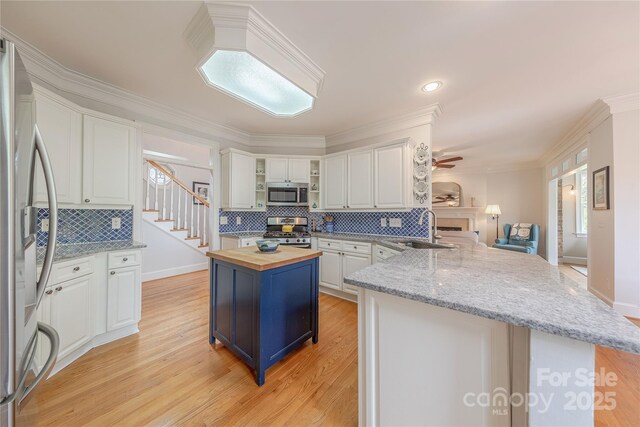 6024 Highview Rd, Weddington, NC 28104 - kitchen featuring butcher block countertops, a sink, appliances with stainless steel finishes, a peninsula, and ornamental molding