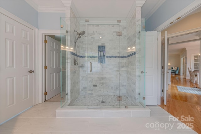6024 Highview Rd, Weddington, NC 28104 - bathroom featuring ornamental molding and a shower stall