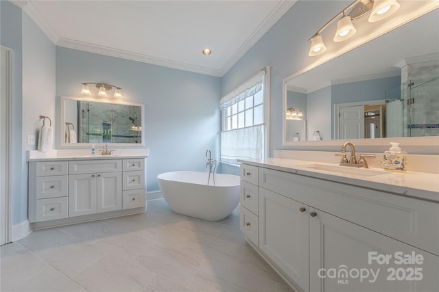 6024 Highview Rd, Weddington, NC 28104 - bathroom featuring a shower stall, crown molding, a freestanding tub, two vanities, and marble look tiles