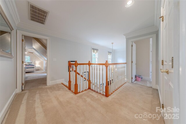 6024 Highview Rd, Weddington, NC 28104 - hall with an upstairs landing, carpet flooring, ornamental molding, baseboards, and recessed lighting