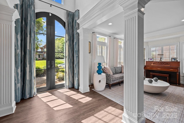 9625 Donna Ve Ln, Charlotte, NC 28277 - entrance foyer with decorative columns, french doors, wood finished floors, and crown molding